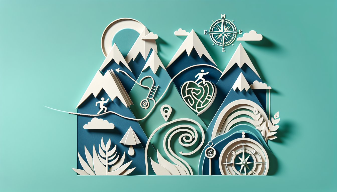 Paper art collage of layered shapes and symbols promoting a free core values quiz on a teal background.