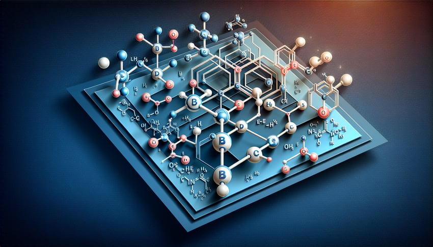 Paper art illustration shows stylized atoms and bonds on dark blue background for electronegativity quiz
