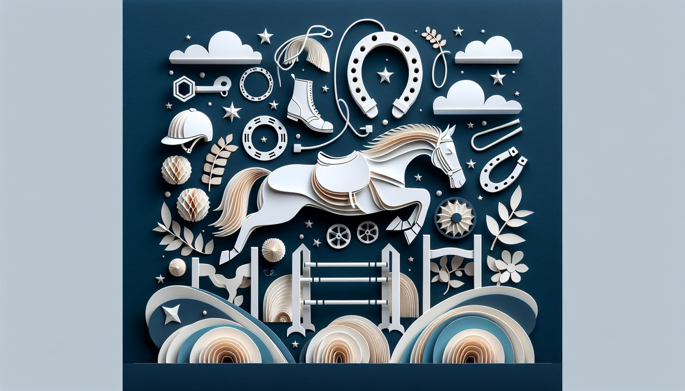 Colorful paper art depicting a horse, horseshoe, and quiz elements for Equestrian trivia game.