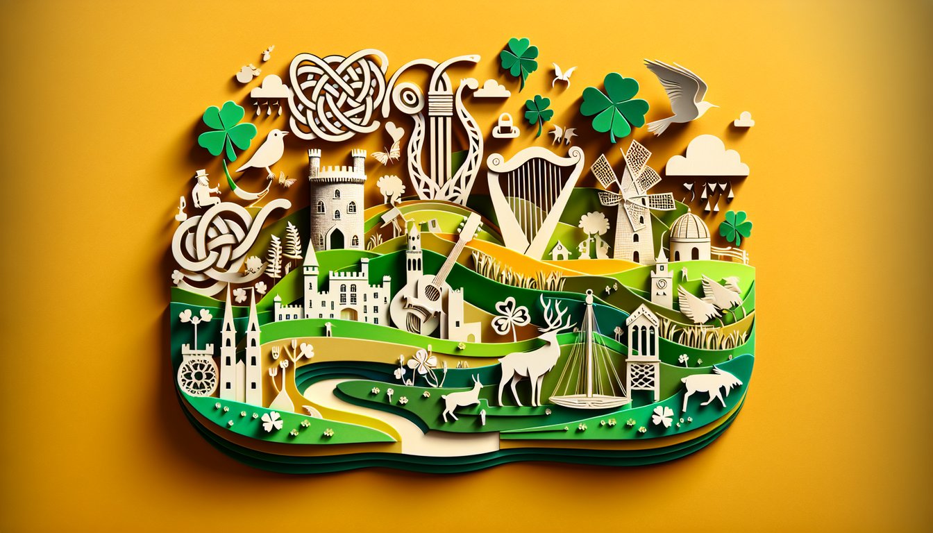 Layered paper cut shamrock map and quiz question icons on golden yellow background