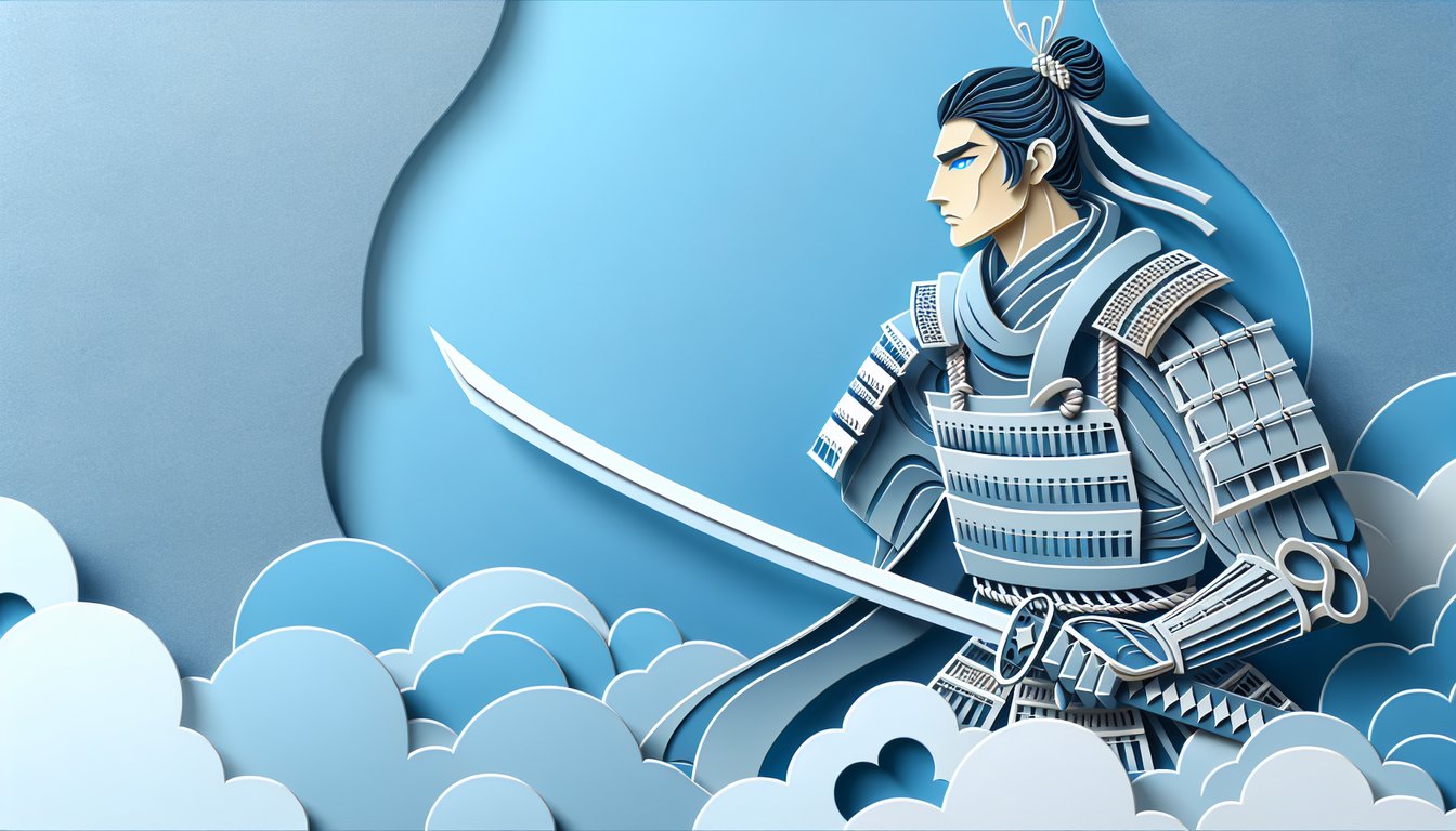 Paper art style blue eyed samurai warrior on sky blue background for warrior match quiz