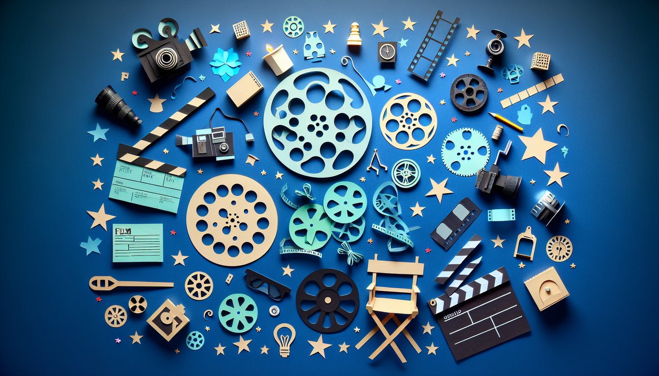 Colorful paper art illustrating a quiz on Film Analysis Knowledge Test