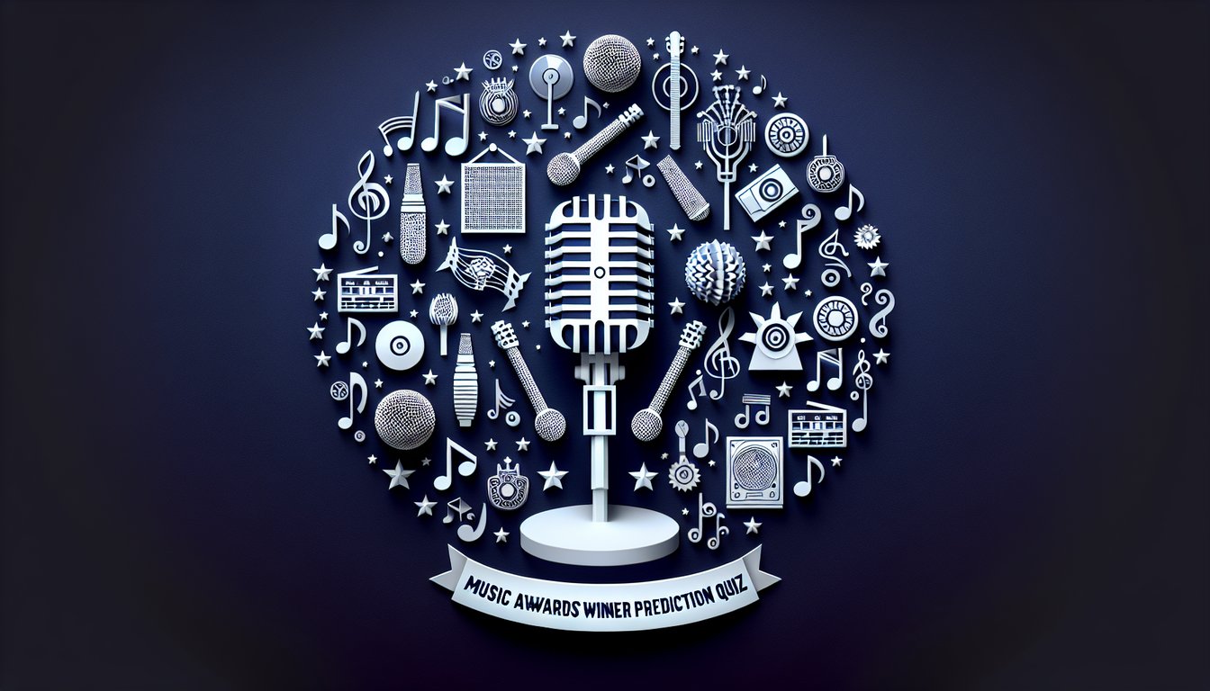 Colorful paper art depicting a music awards winner prediction quiz.