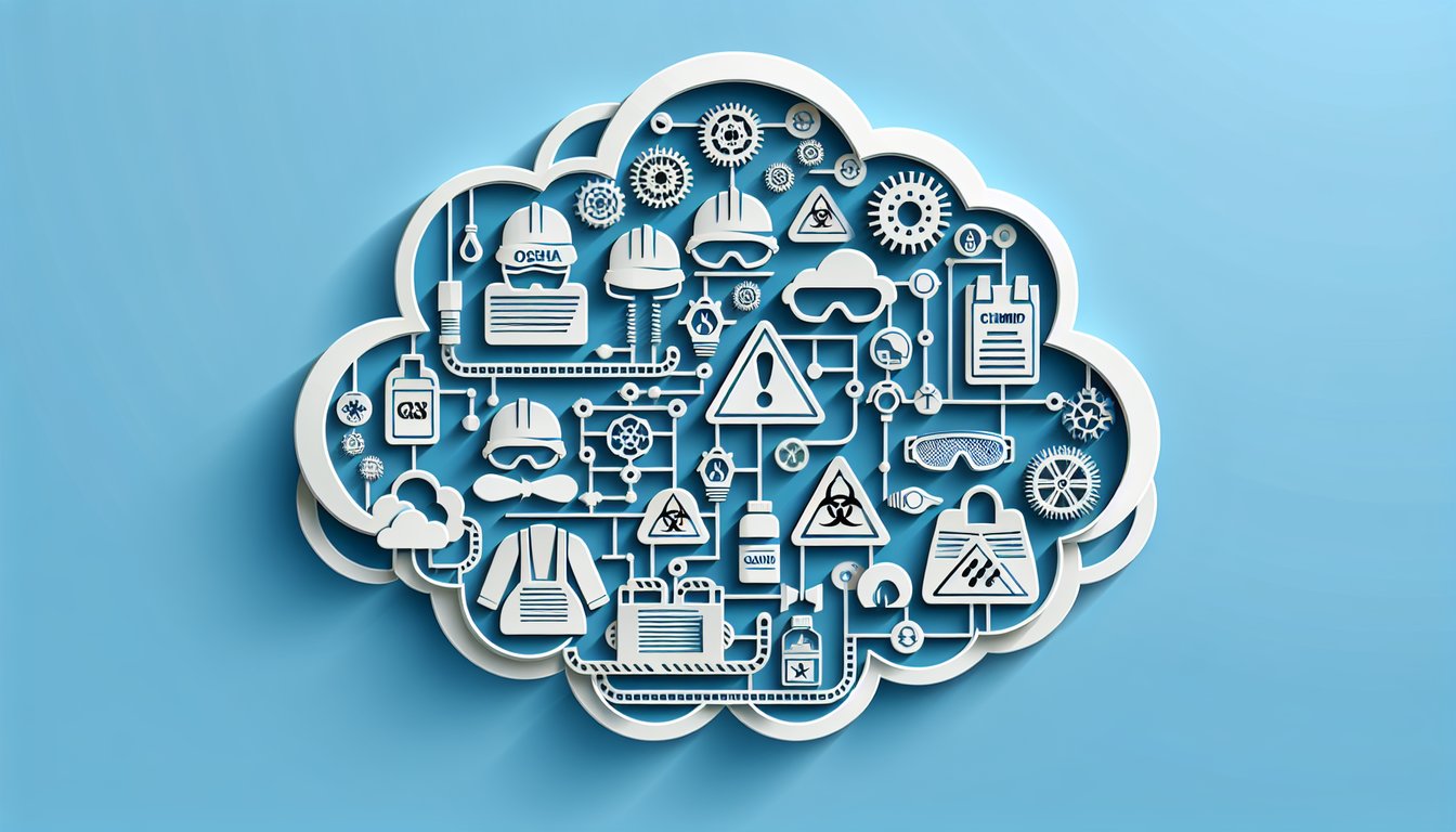 Paper art illustration for OSHA Hazard Communication Quiz on a sky blue background