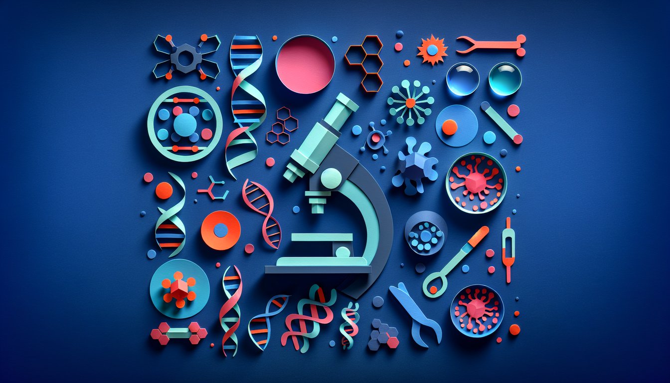 Colorful paper art depicting microscope, DNA strand and quiz elements for Microscopy and Genetics Test