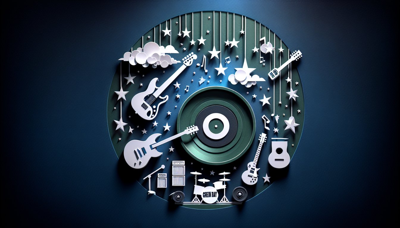 Paper art illustration for Green Day trivia quiz on a dark blue background