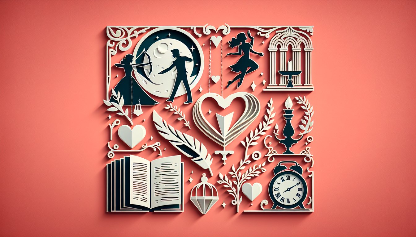 Paper art hearts and books on coral background for classic versus romantic thinker personality quiz.