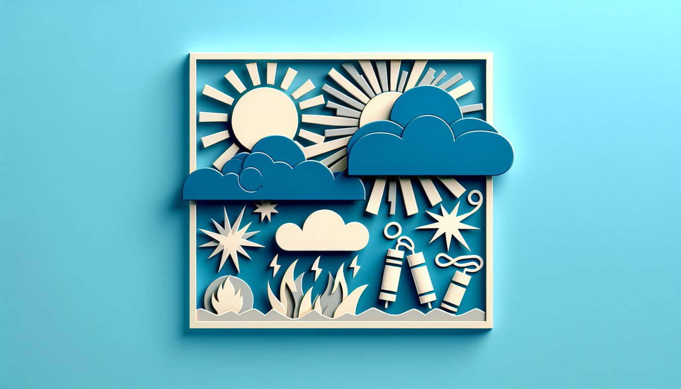 Paper art illustration of abstract energy waves sun rays and cut paper shapes on sky blue background for hypomania quiz