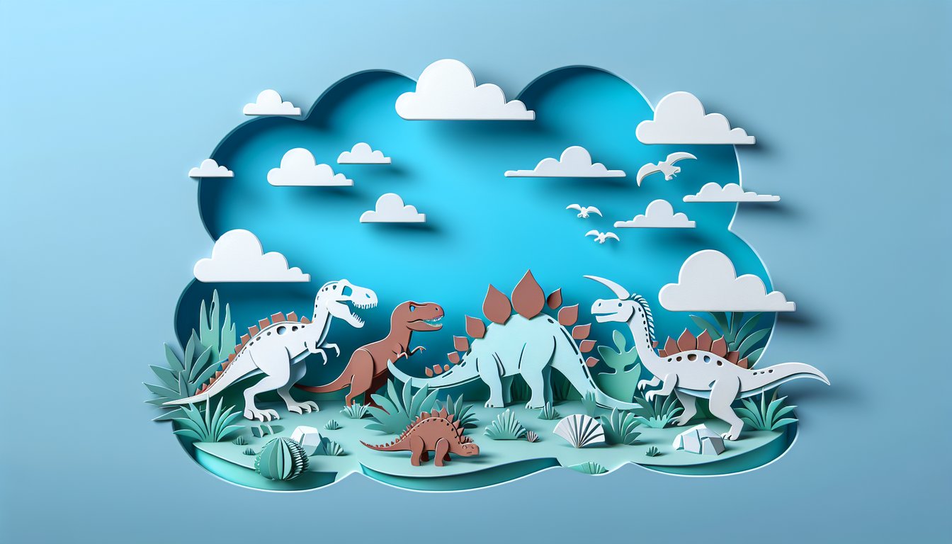 Paper art illustration for dinosaur personality quiz on sky blue background