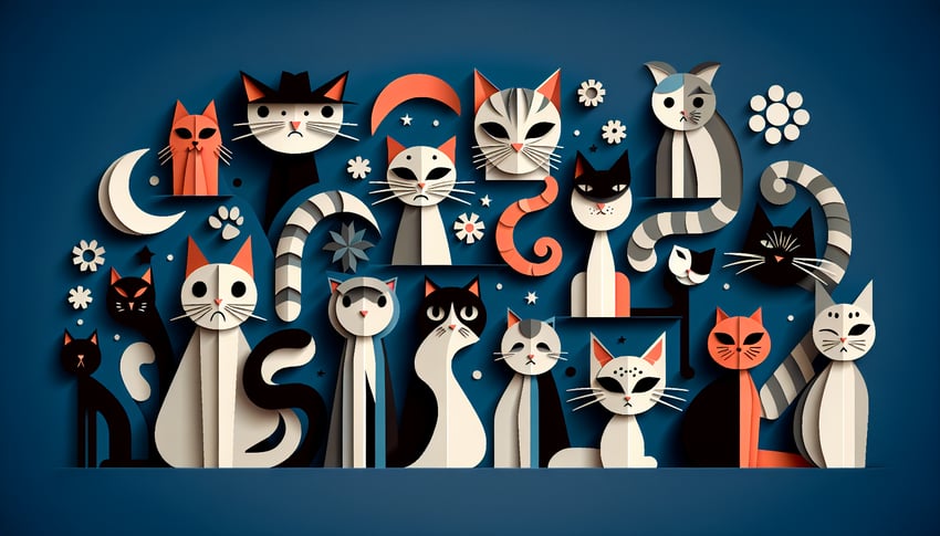 paper art Jellicle cats in bold shapes on dark blue background inviting free personality quiz