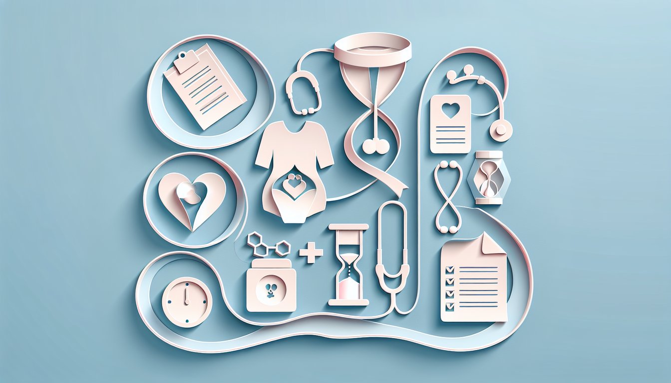 Paper art illustration of pregnant woman and baby icons floating on sky blue background for maternal and child nursing quiz