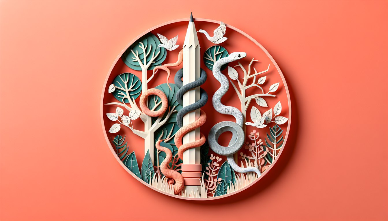 Paper art illustration for snake quiz with reptile trivia and species identification on coral background