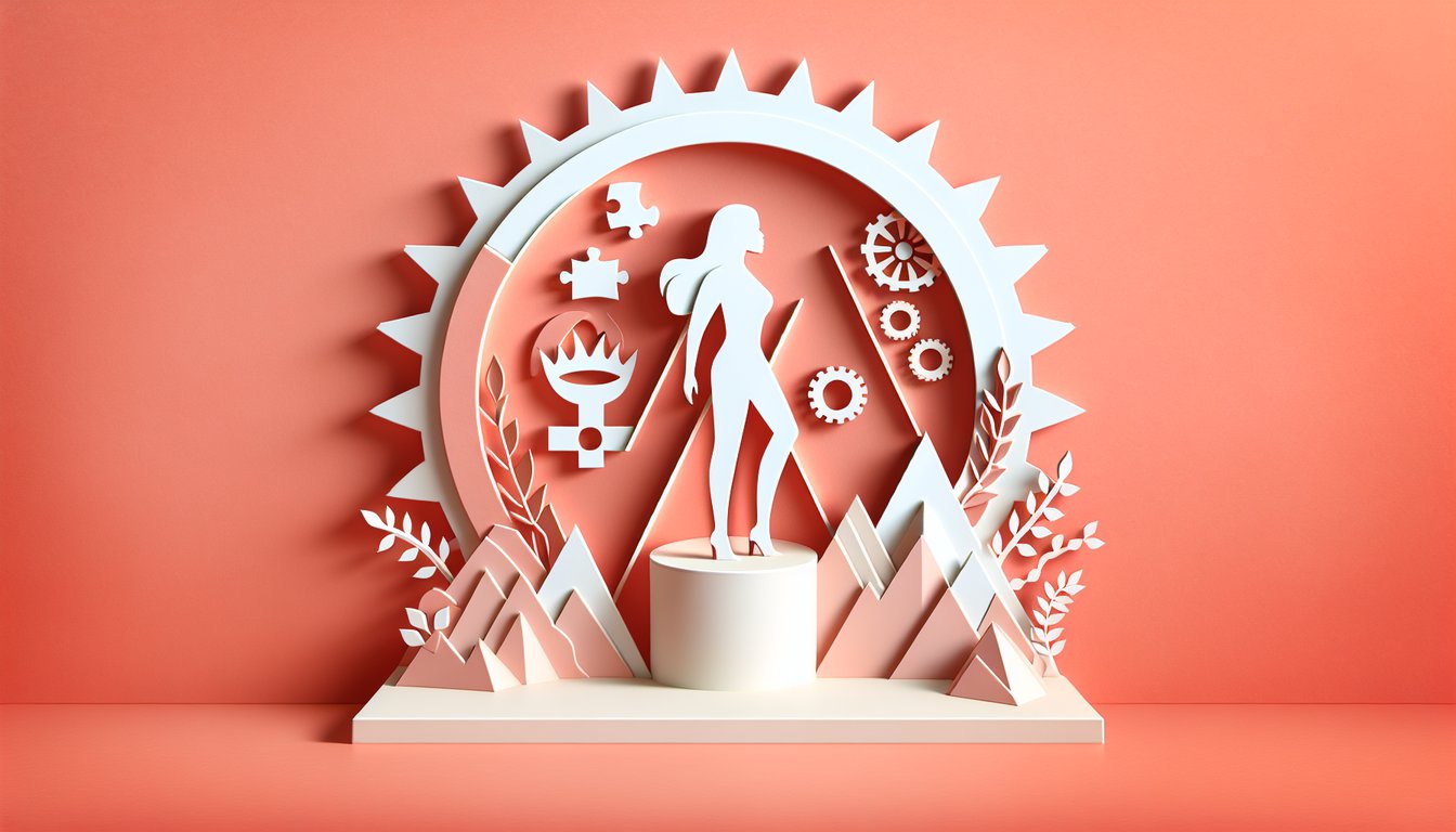Paper art illustration for alpha female personality test on coral background