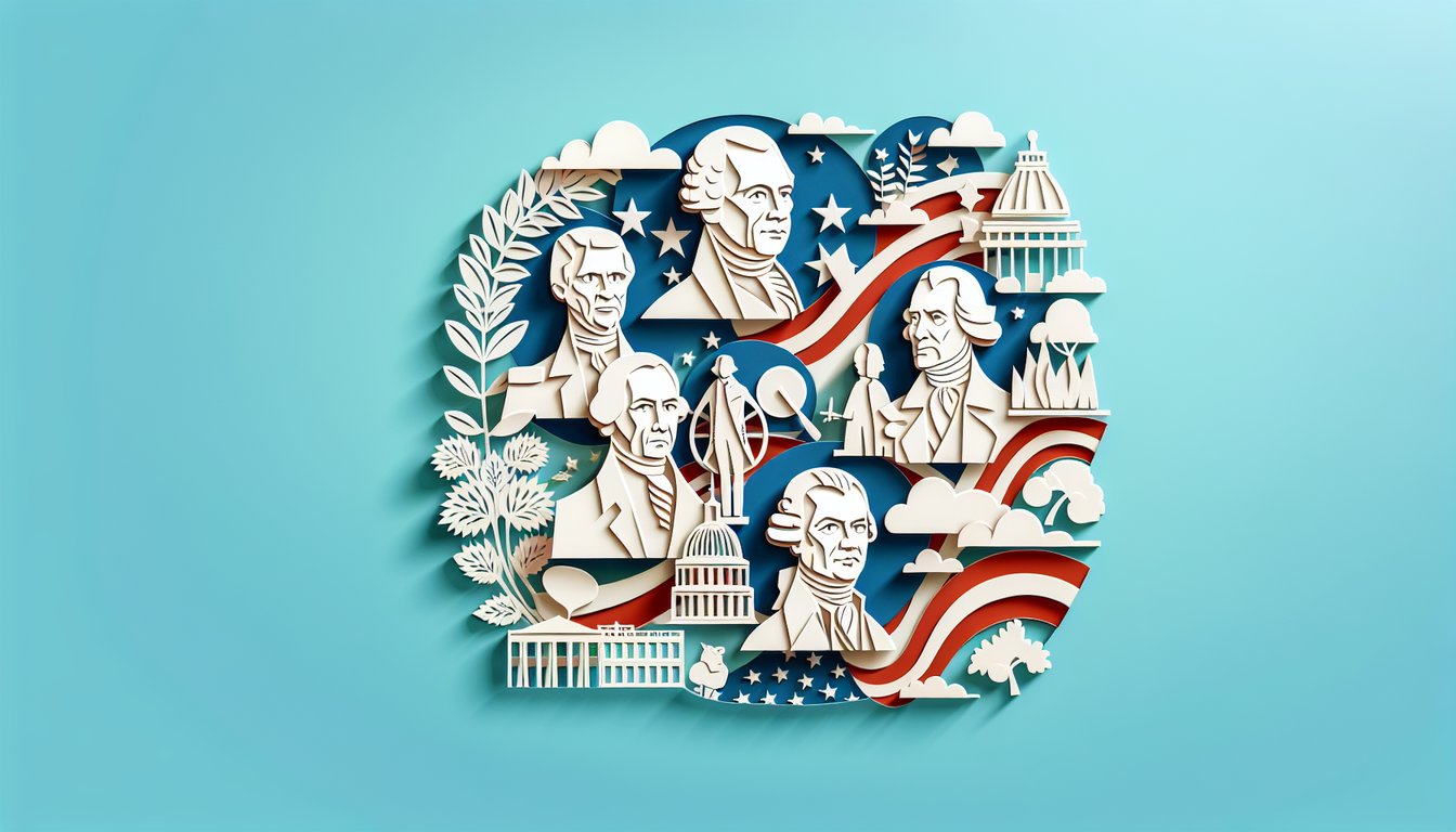 Paper art papercut of the first five US presidents on a sky blue background for a quiz.