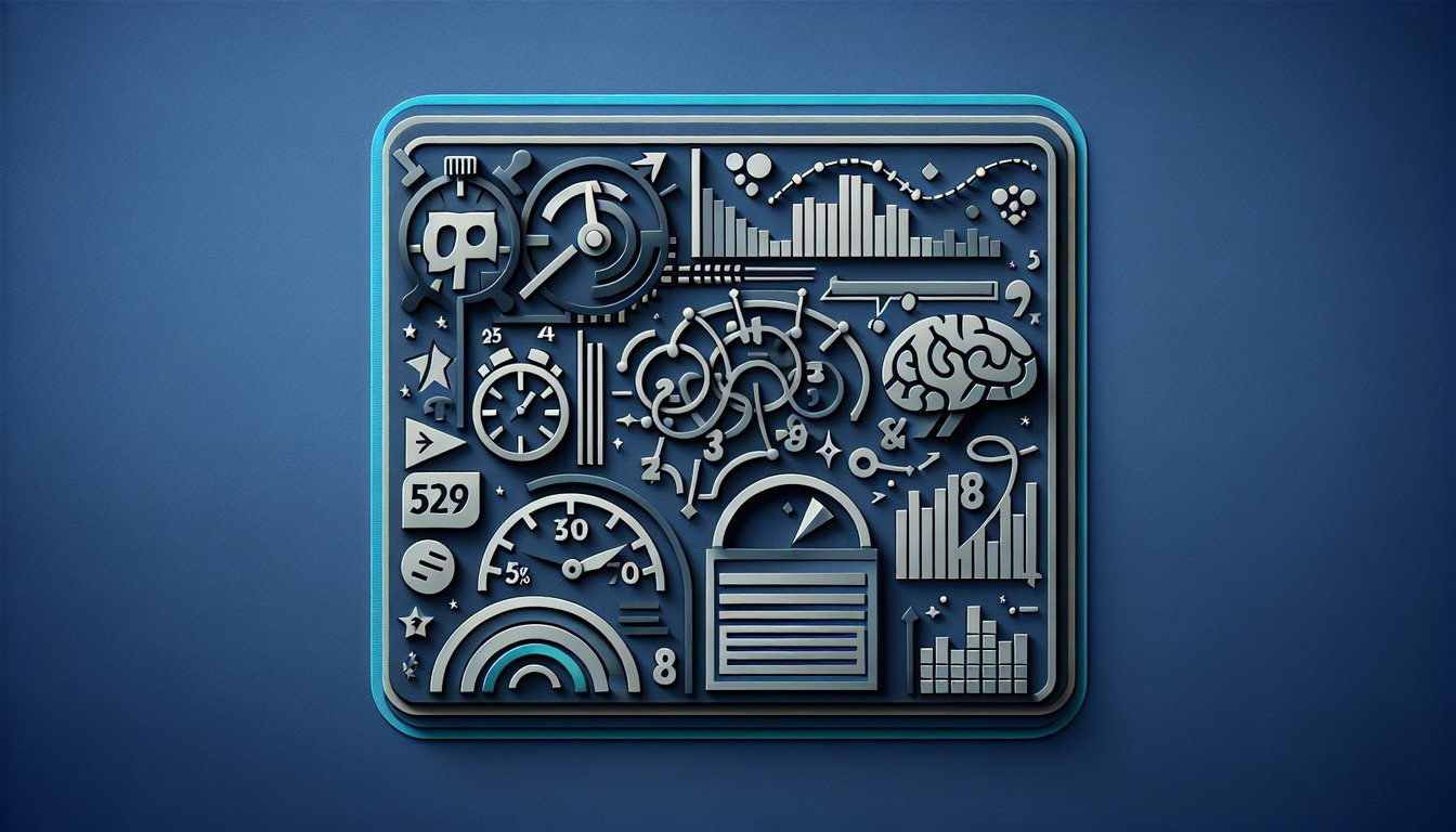 Paper art style math quiz scene with floating numbers shapes question mark pencil stopwatch on dark blue background