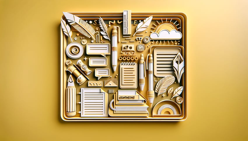 Paper art quiz scene with books, pencil, speech bubble on golden yellow background inviting test of demonstrative adjectives