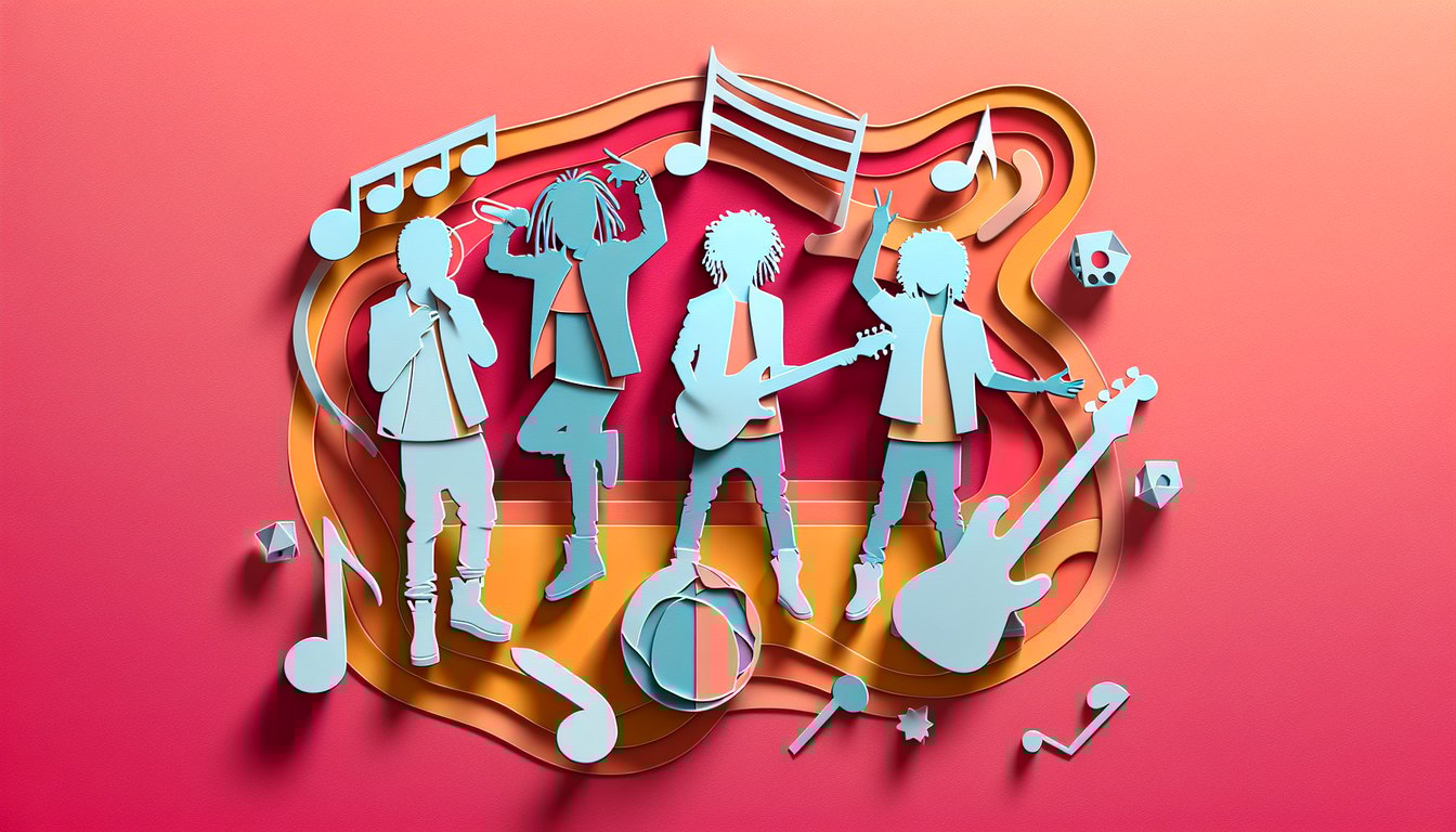Paper cut illustration of four stylized figures representing Mindless Behavior in dynamic poses on coral background