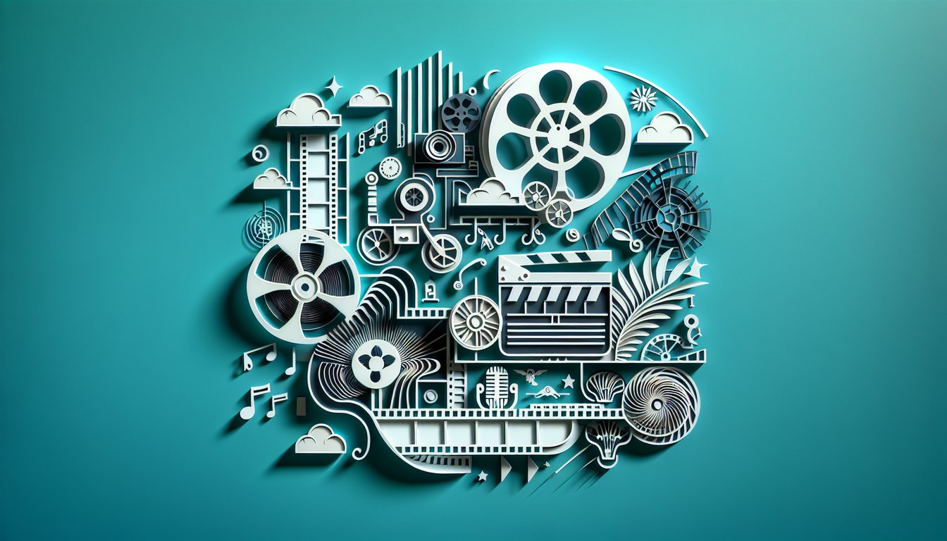 paper art illustration with film reel headphones musical notes soundtrack quiz prompt on teal background