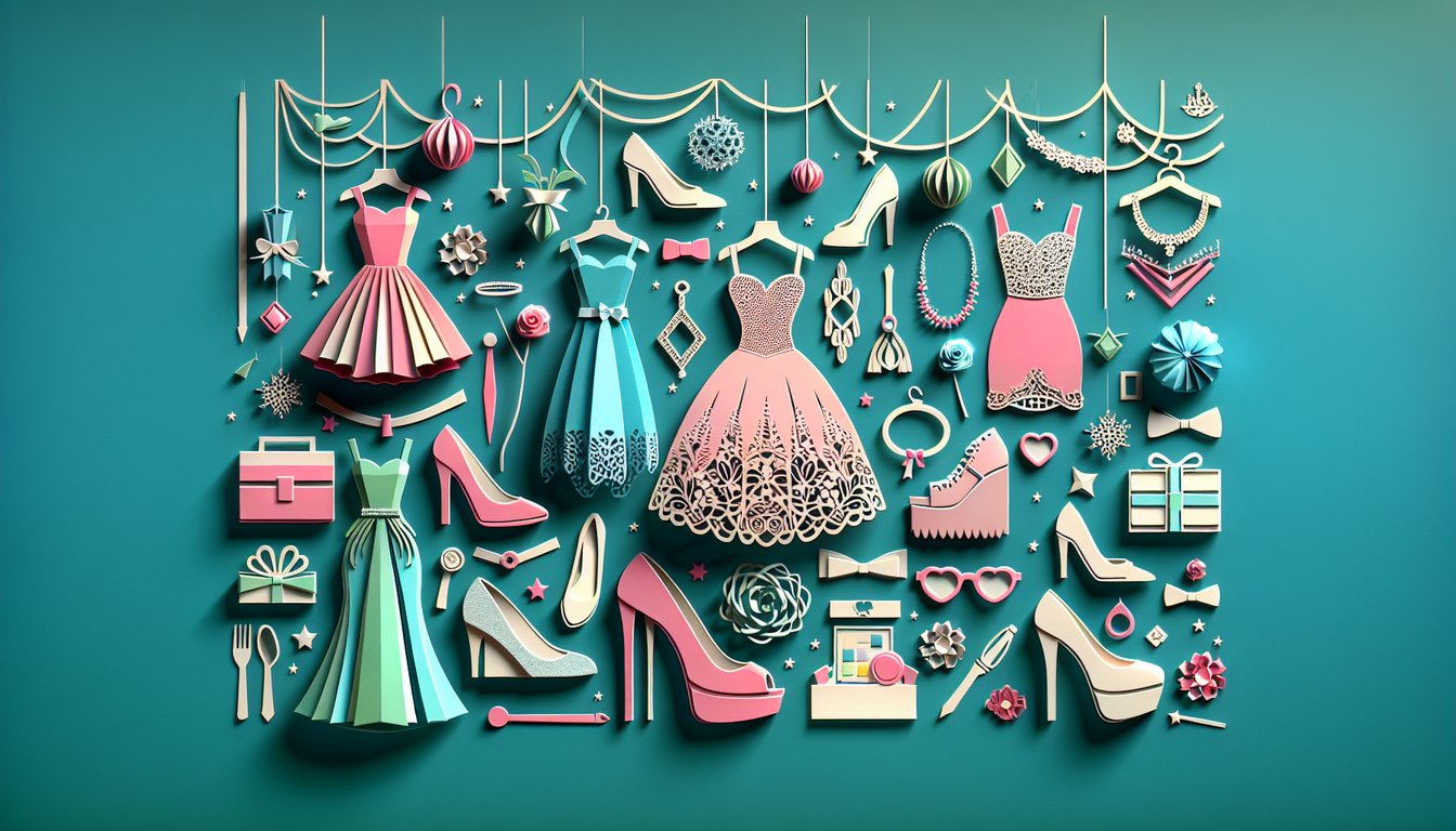 Paper art quiz banner with teal background prom dress silhouettes and text inviting you to take a free prom dress color quiz