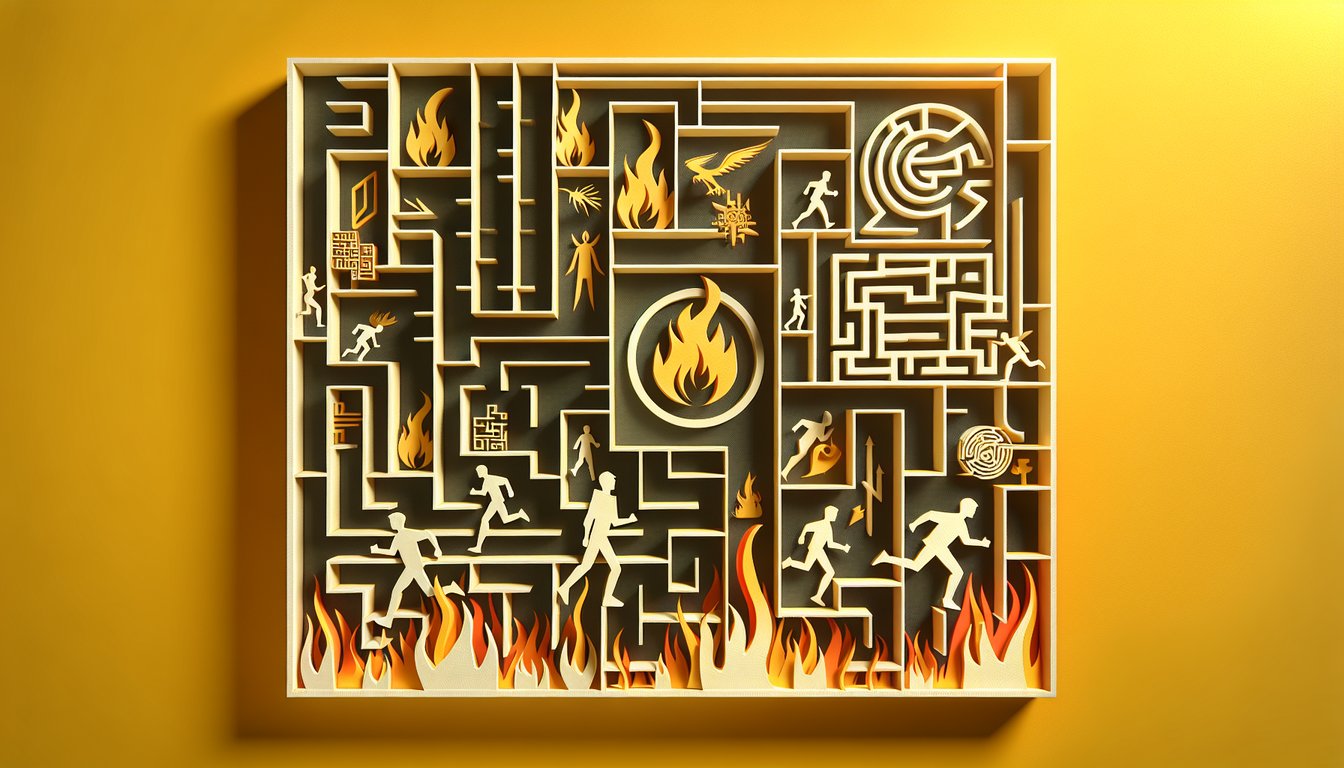 Paper art illustration of maze runner scene with AR quiz elements and key plot twists icons on golden yellow background.