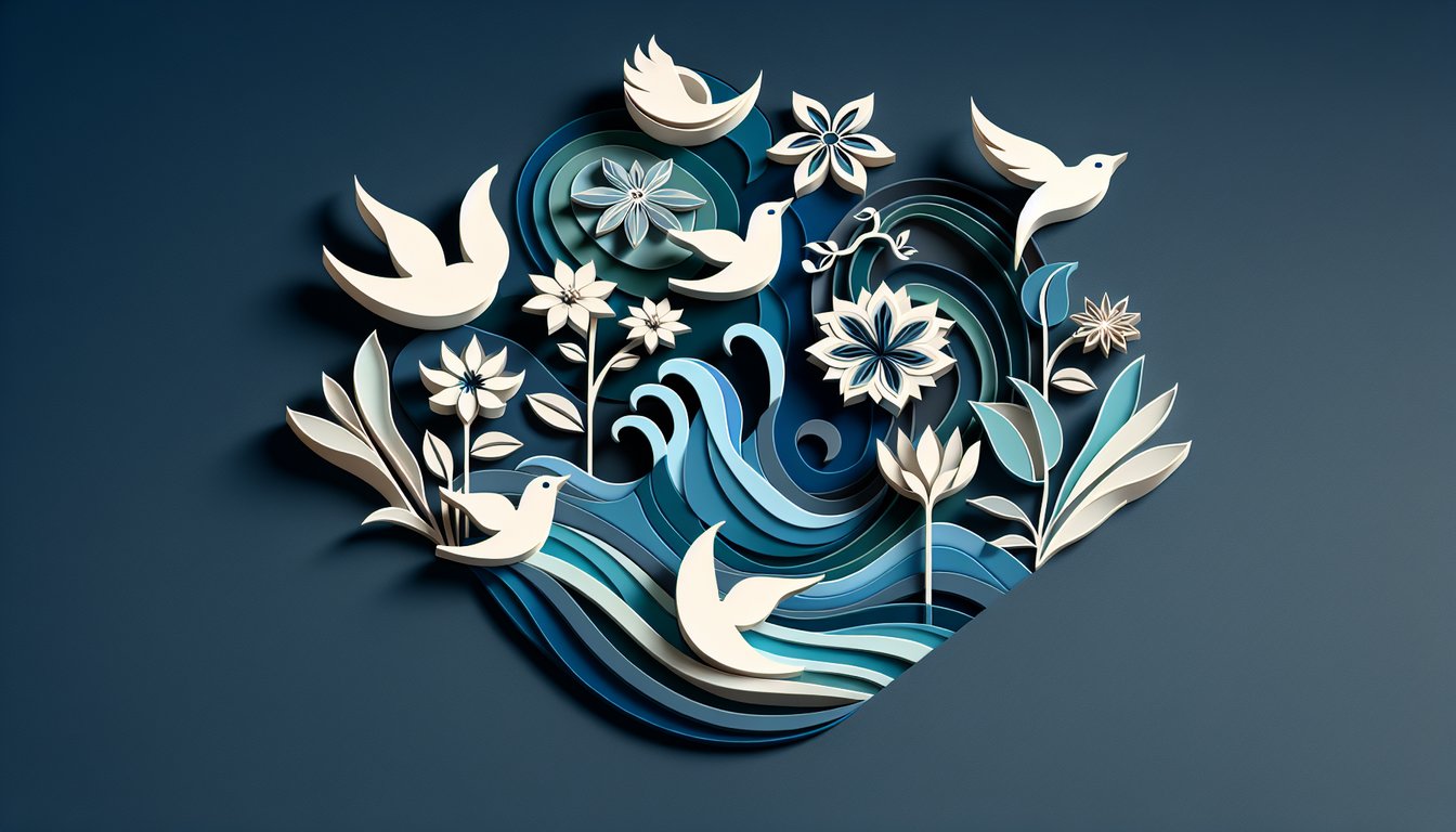 Paper art illustration of a poetry book and quill pen on a dark blue background promoting a free poetry terms quiz