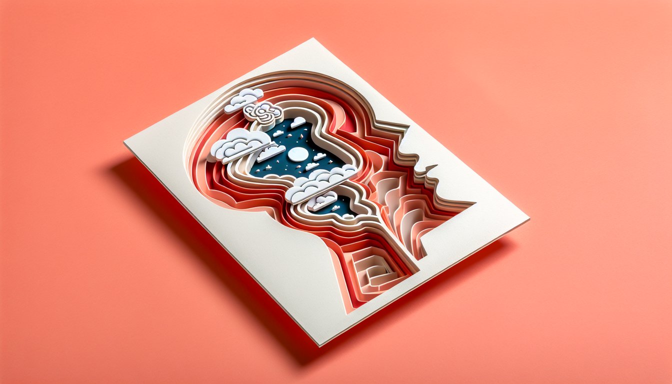 Paper art illustration of layered dream shapes and a mind-bending maze for an Inception character quiz on a coral background