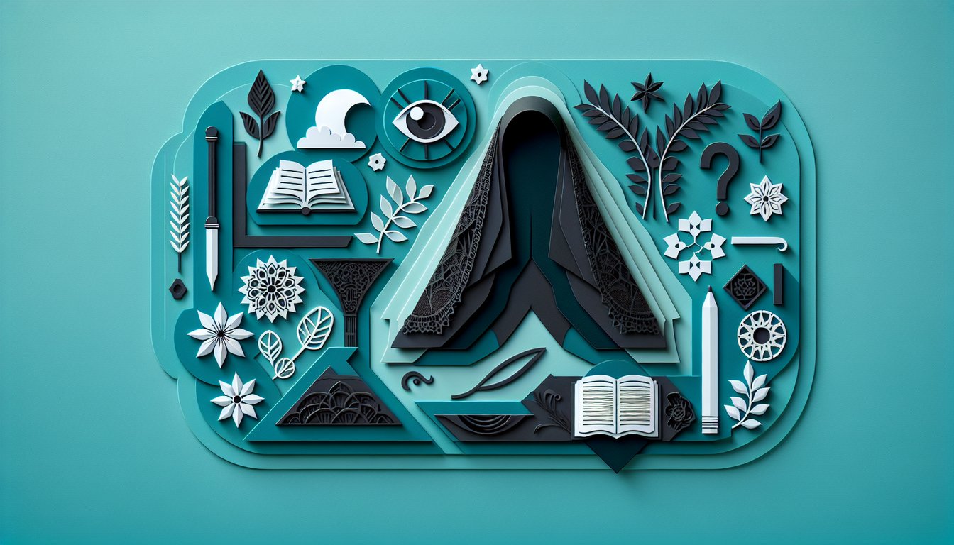 paper art illustration of veiled minister and symbolic motifs on teal background quiz on Ministers Black Veil themes