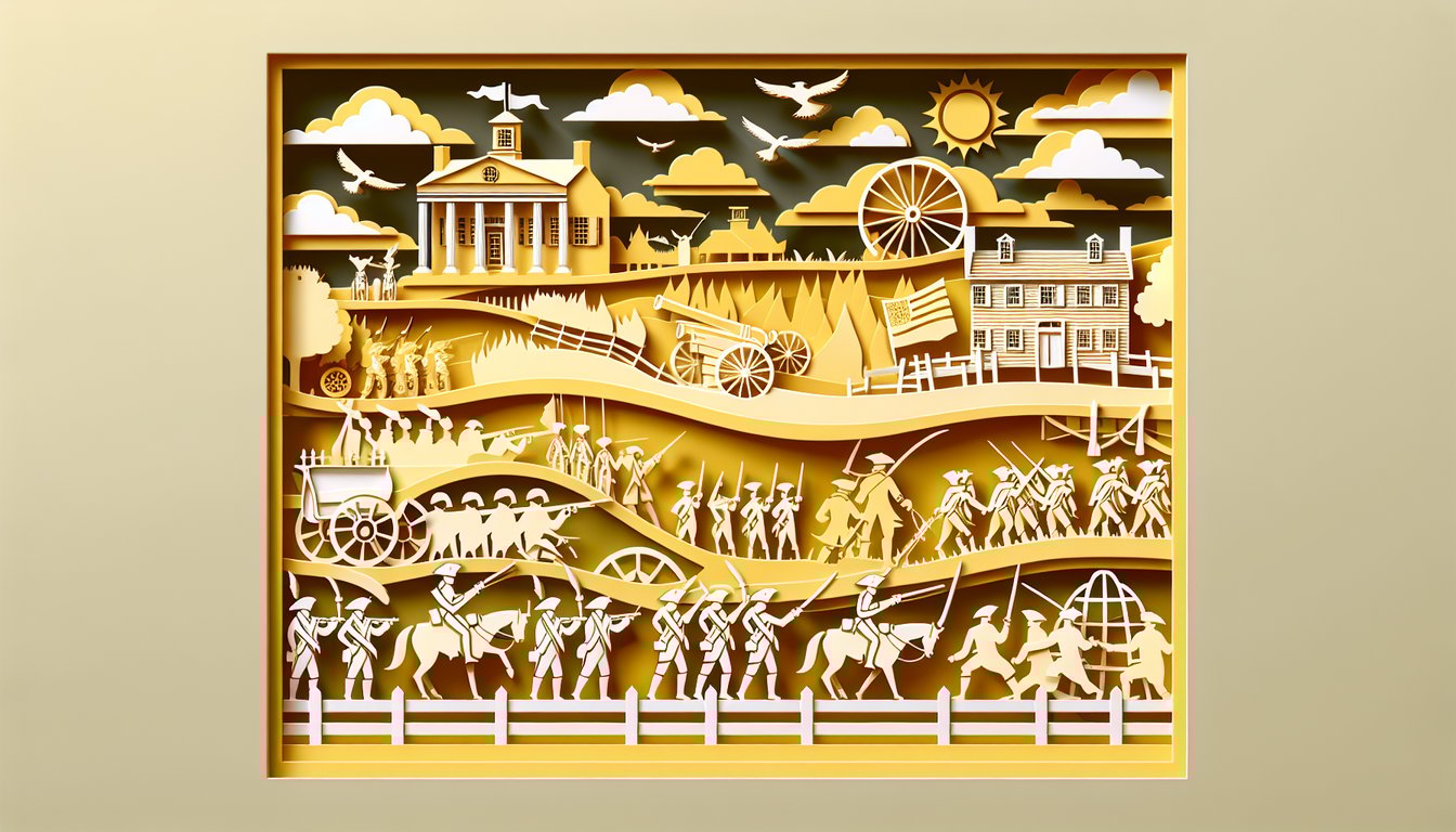 Paper art of colonial figure Austin Dabney and Georgia map on yellow background for quiz on American Revolution facts