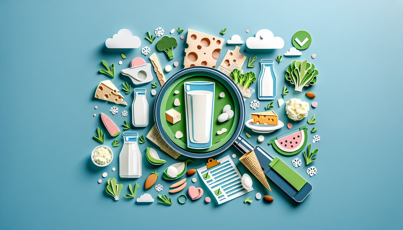 Paper cut child holding glass of milk next to checklist and quiz icon on sky blue background