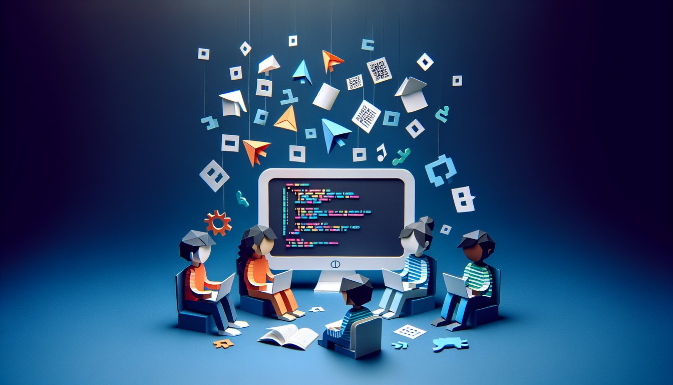 Colorful paper art promoting Code Kickoff Quiz for high school students and aspiring coders.