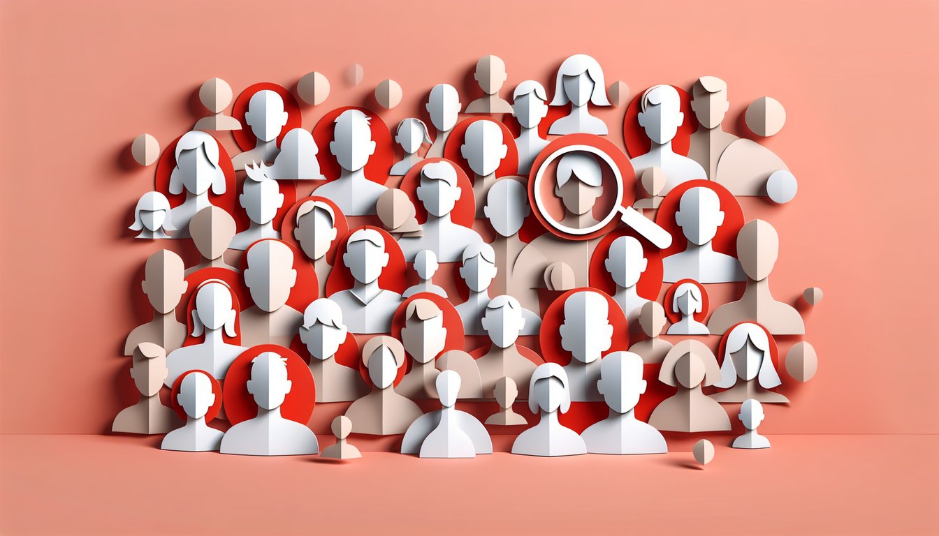 Paper art illustration of layered diverse faces on coral background for doppelganger quiz