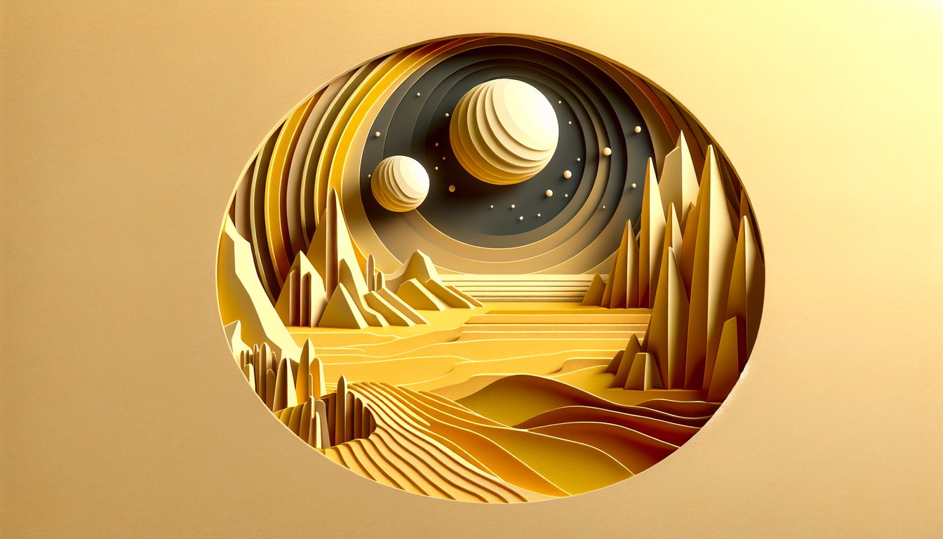 Paper art dune scene with layered sand dunes stylized houses desert figure, floating title text on golden yellow background