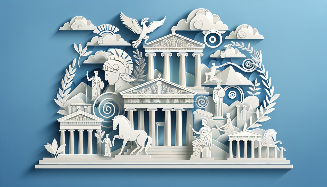 Paper art illustration for a quiz about exploring Ancient Greece, featuring myths and philosophers, on a sky blue background.