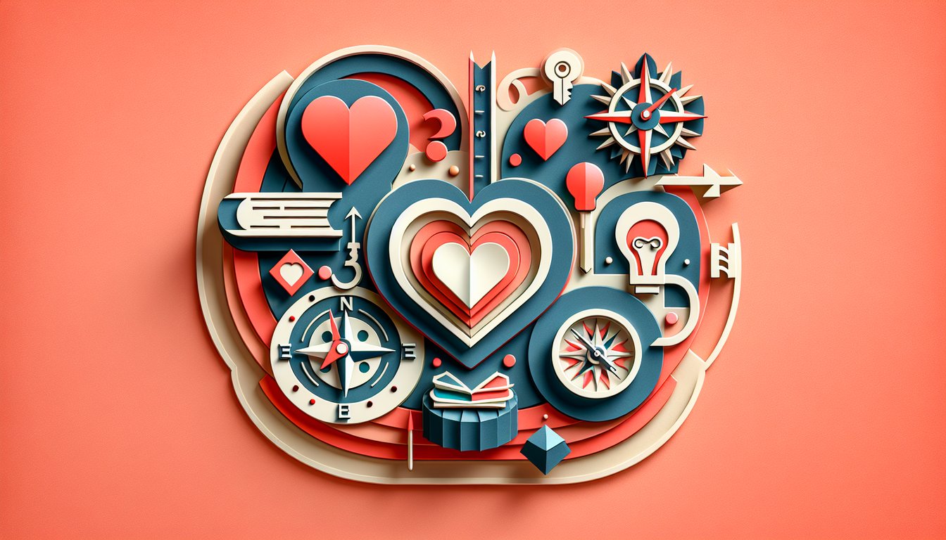 Paper cut shapes float on coral background with playful text inviting a free personality quiz to reveal your symbolic object