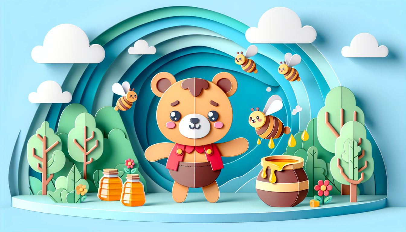 Paper art illustration for Winnie the Pooh trivia quiz on sky blue background