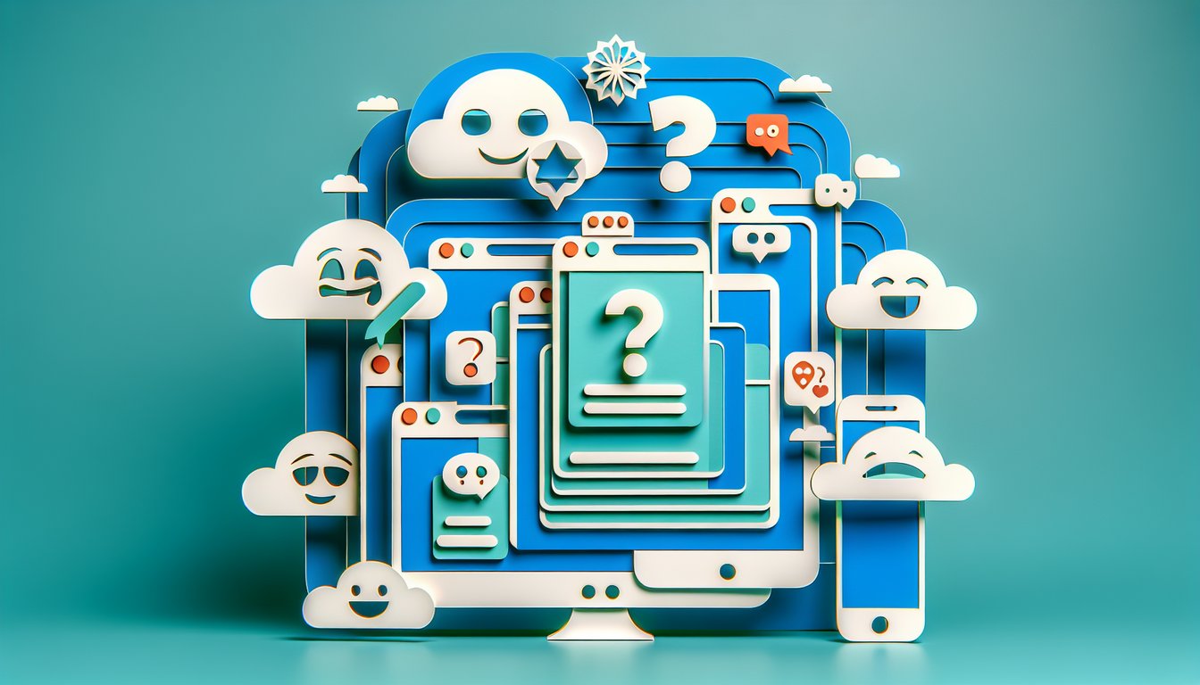 Paper cut shapes of question marks answer bubbles and confetti on teal background suggest playful online quiz theme