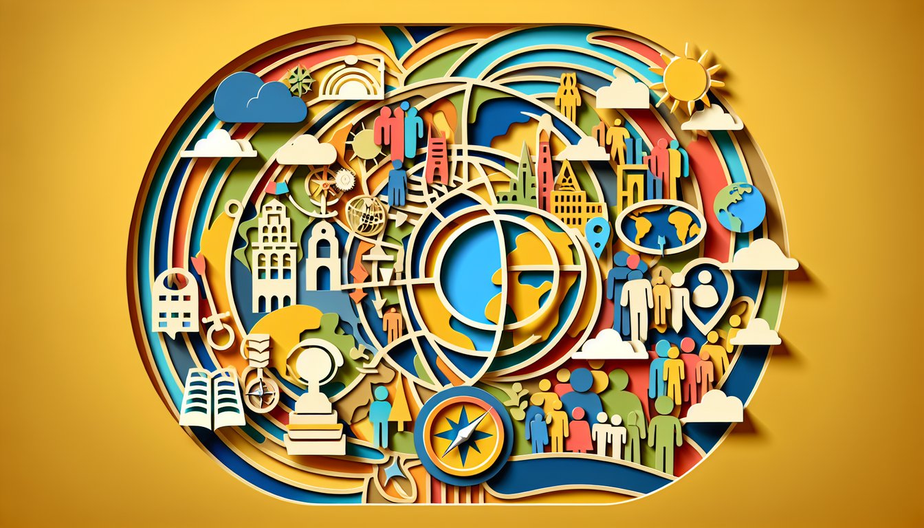 Paper art illustration for global knowledge quiz on a golden yellow background
