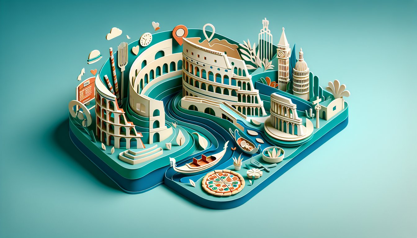 Paper art quiz illustration practicing Italian essere conjugations on teal background