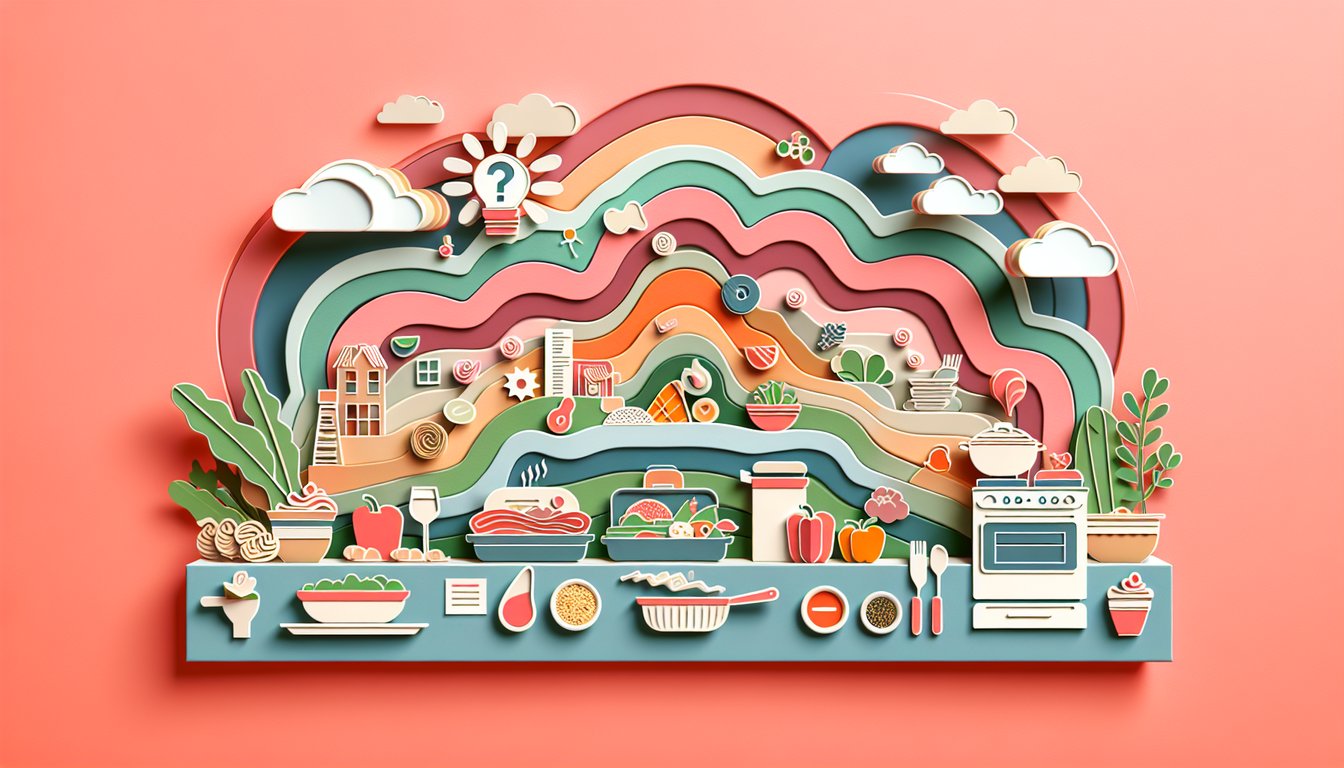 Paper art illustration for dinner quiz with fun questions and personalized suggestions on coral background