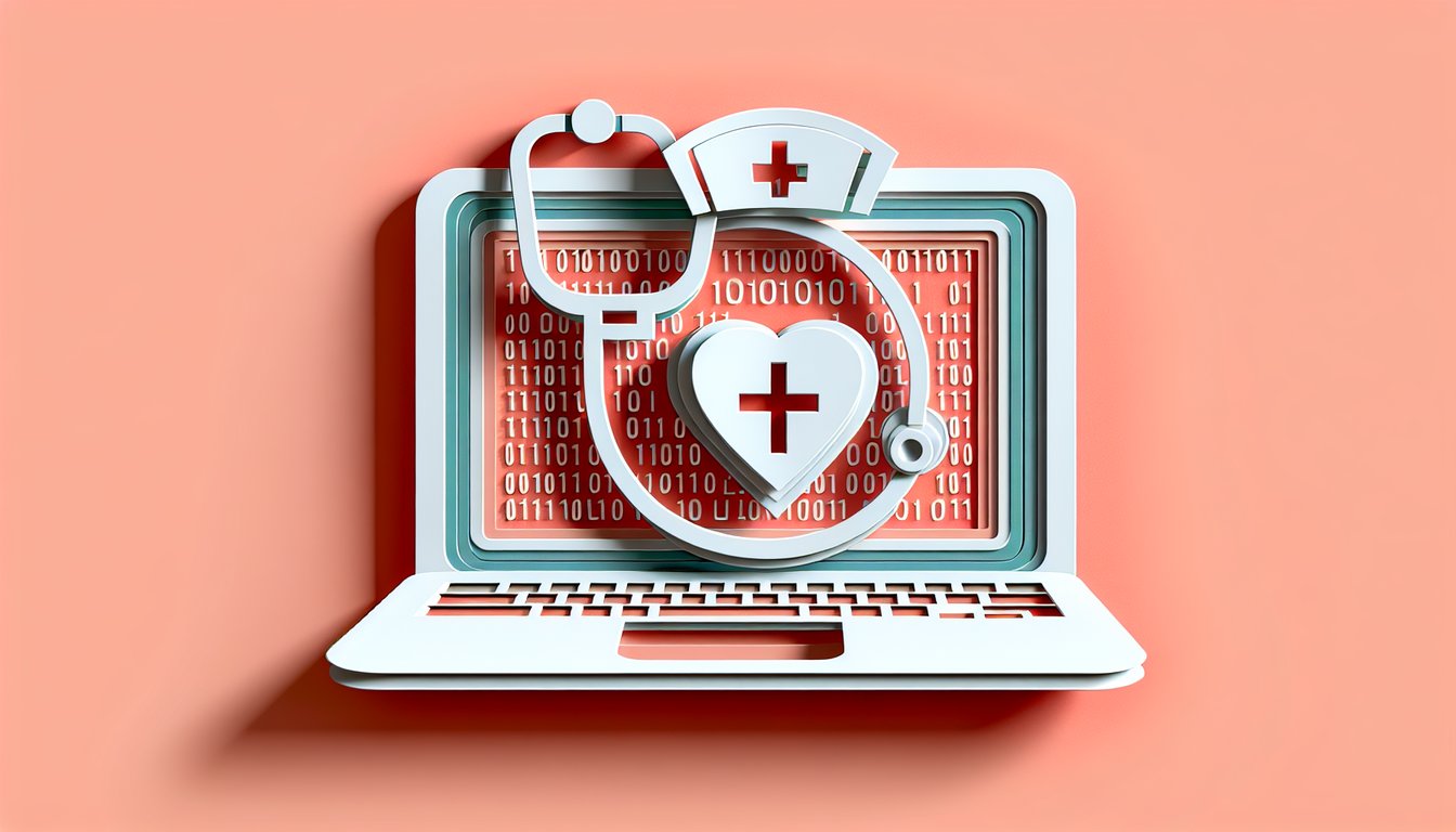 Paper art illustration of RN informatics quiz with nurse computer data charts and icons on coral background