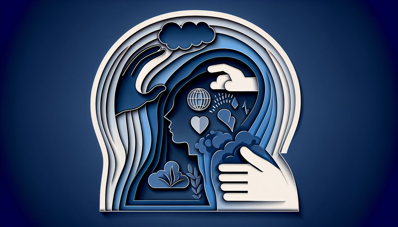 Paper art illustration with broken heart and brain puzzle pieces on dark blue background for mental abuse quiz