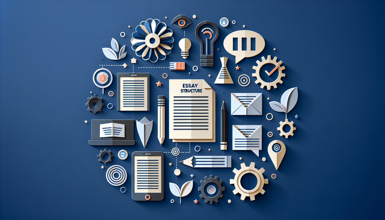Colorful paper art illustrating a quiz on Essay Structure Knowledge Test