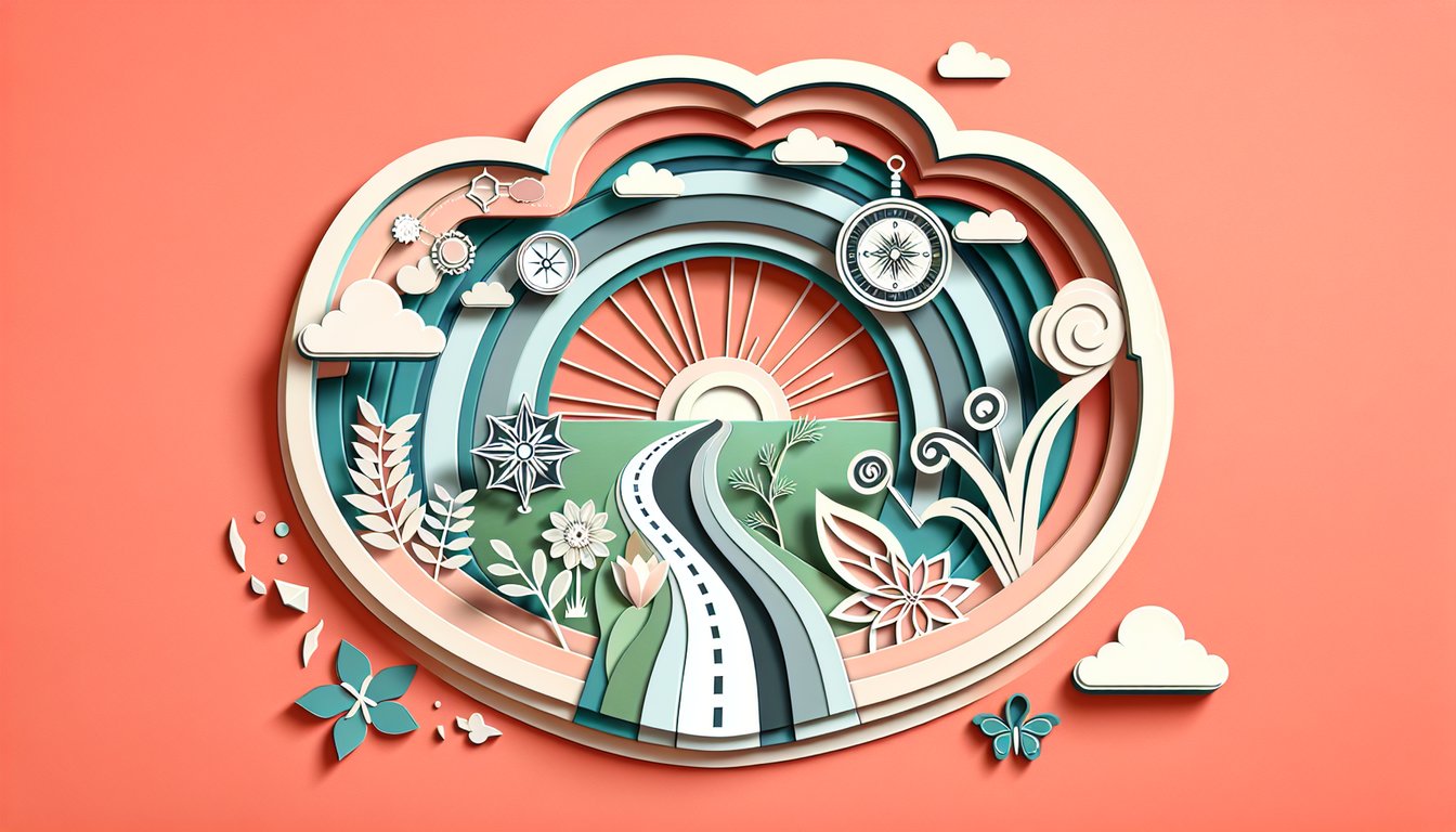 Paper art illustration for Word of the Year personality quiz on a coral background