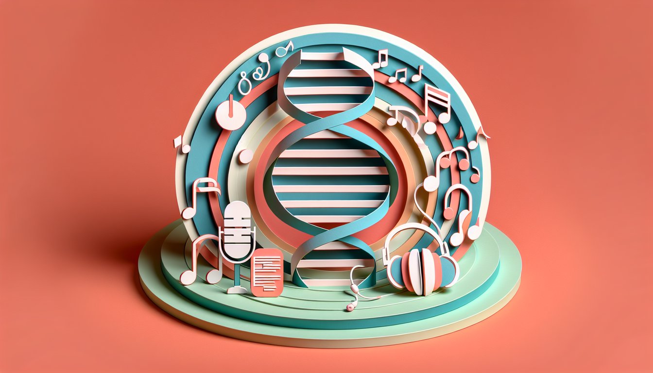 Paper art collage of four stylized musicians with guitar microphone and abstract shapes on coral background