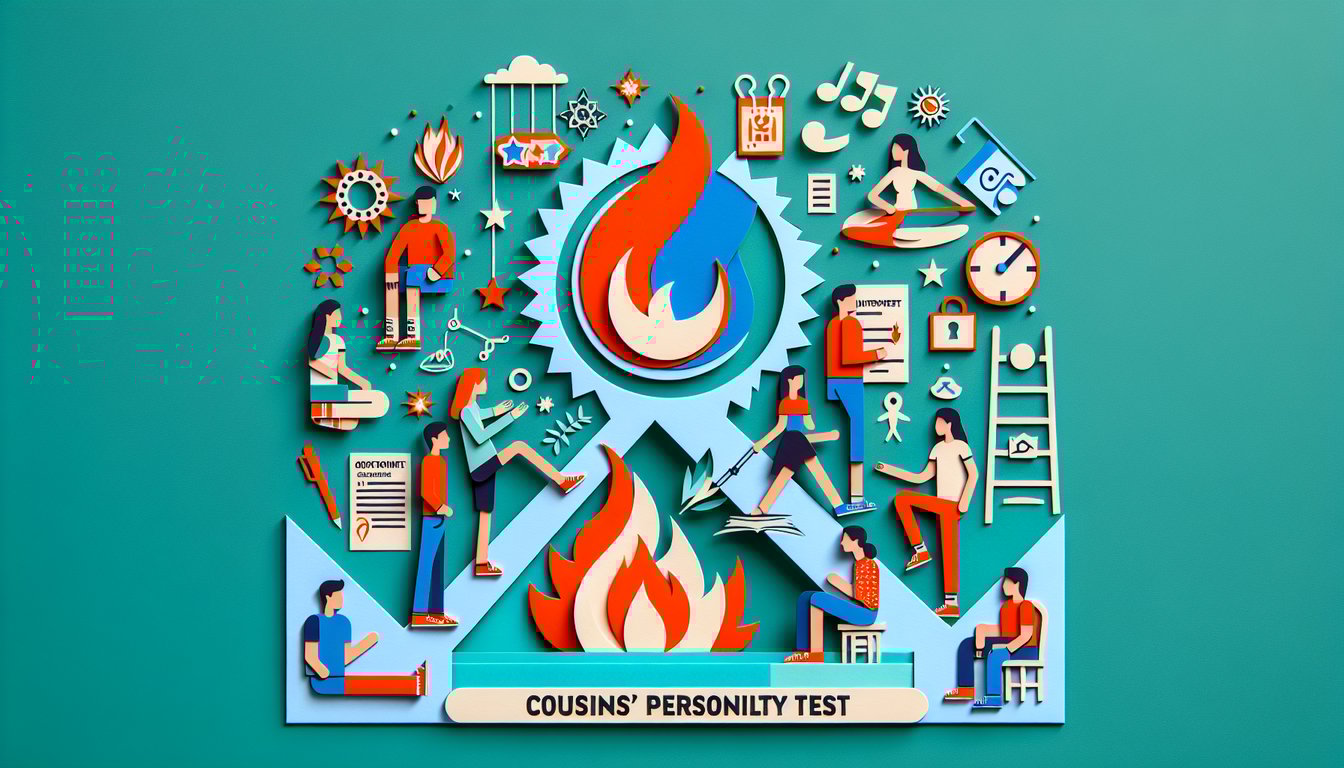 Paper art quiz illustration on teal background encouraging to test cousin personality