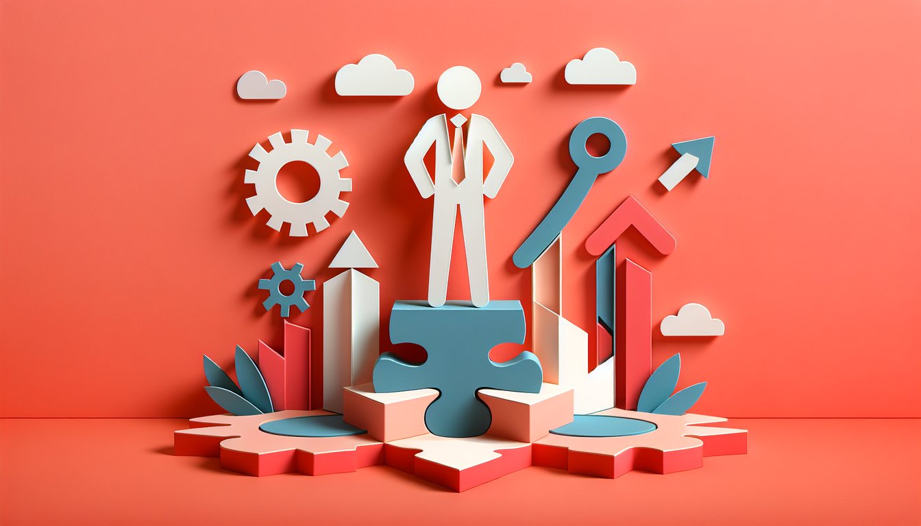 Paper art professionals with desk charts and speech bubbles on coral background symbolize workplace skills confidence.