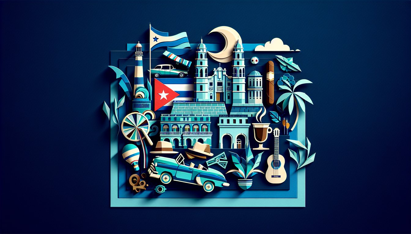 Layered paper art icons for Cuba quiz featuring island palm tree vintage car dominoes cocktail on dark blue background