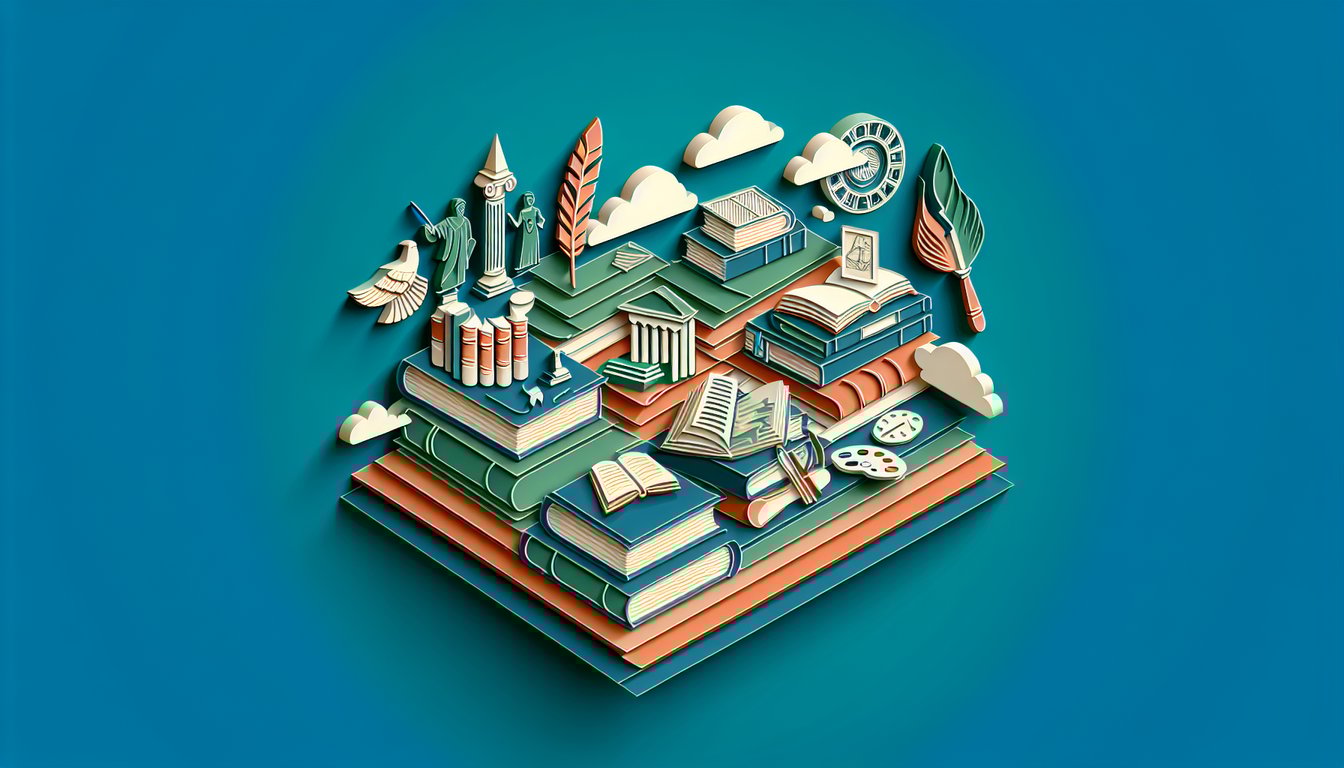Paper art illustration for humanities quiz featuring literature, art, and history on teal background