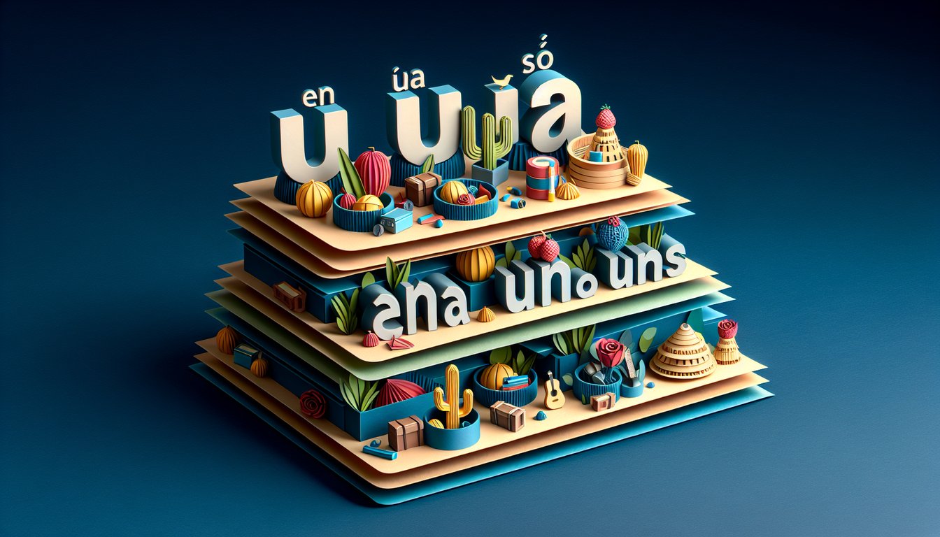 Paper art illustration of Spanish indefinite articles un una unos unas floating over dark blue quiz background.