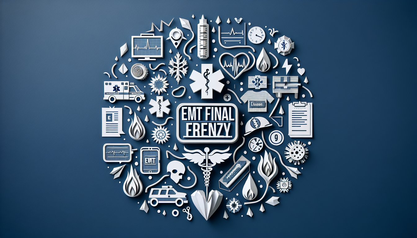 Colorful paper art promoting EMT Final Frenzy, a practice quiz for aspiring EMTs.